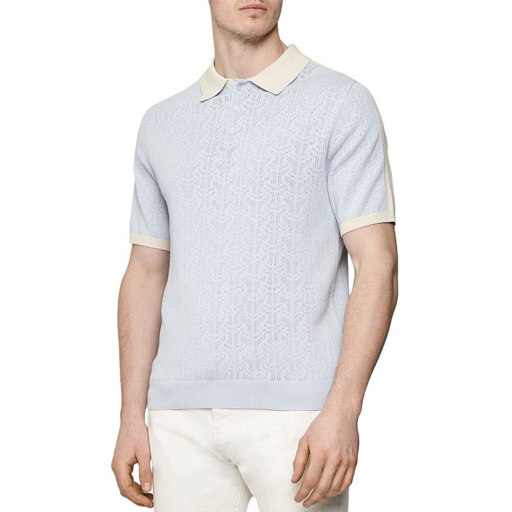 REISS Polo Shirt Men S Blue Cream-Stripe Knit Short-Sleeve Cotton Rib “Newton”